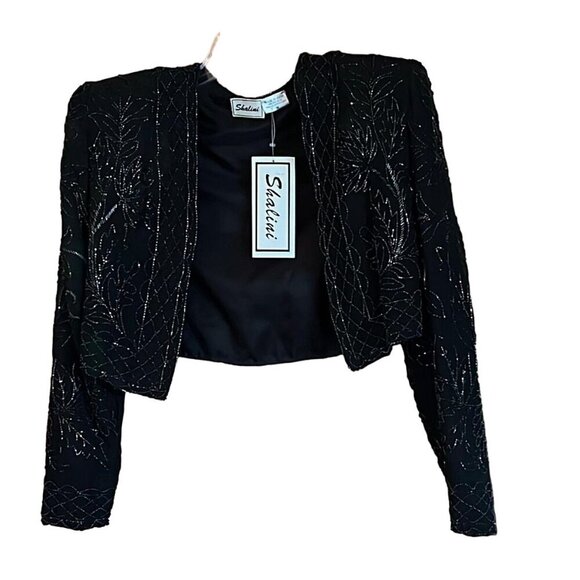 Shalini Black Embellished Beaded Silk Cocktail Sleeveless Dress & Jacket Medium - Picture 3 of 6